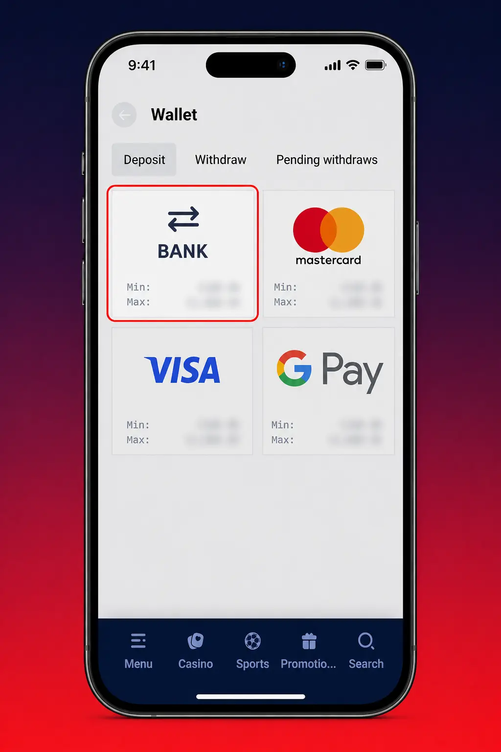 Step-by-step guide to depositing funds via the Gladiatorsbet app, showing Wallet and Deposit tabs with payment options.