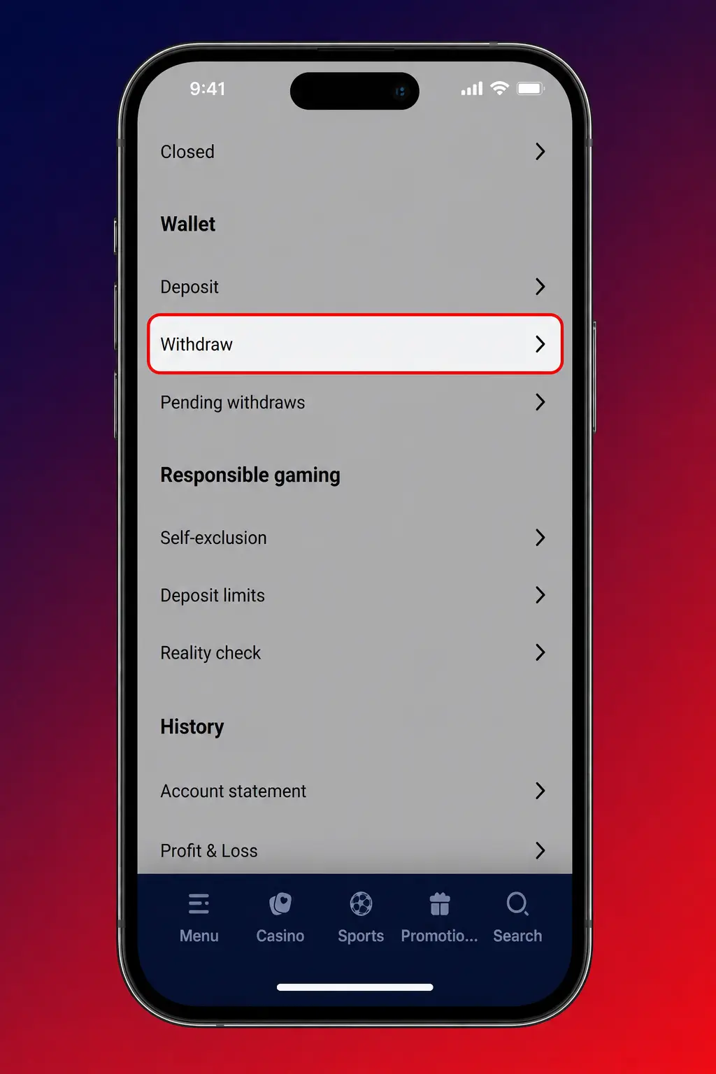 Step-by-step guide showing how to withdraw funds via the Gladiatorsbet app Wallet tab
