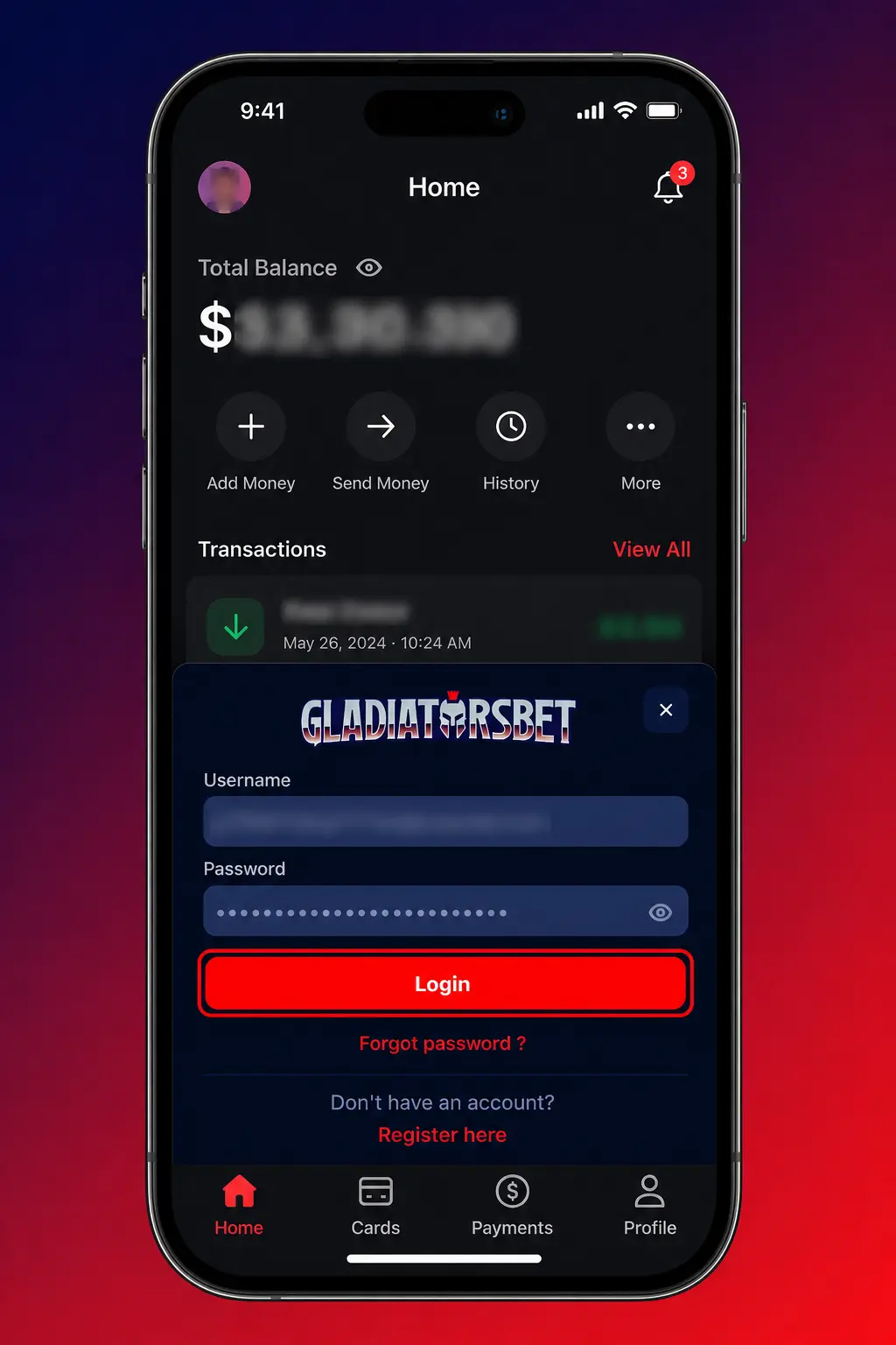 Step-by-step guide showing how to withdraw funds via the Gladiatorsbet app Wallet tab, from login to payment confirmation.